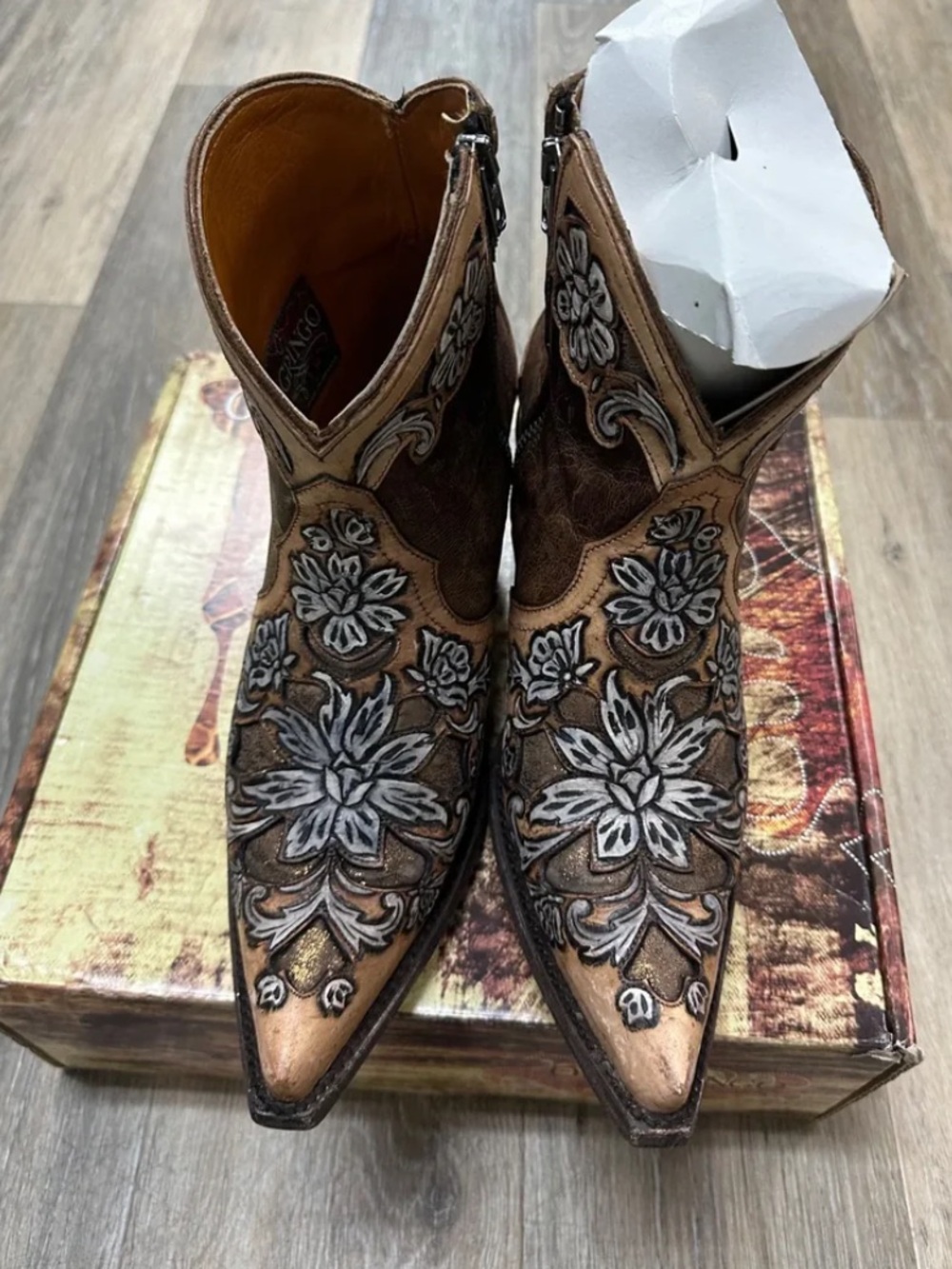 Old gringo aster in brass bone hand tooled floral ankle  boots RTL $698 8 - Picture 8 of 14